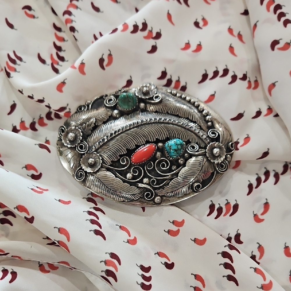Silver and Turquoise Feather Brooch